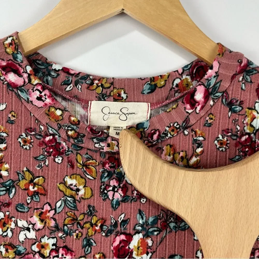 Jessica Simpson Floral Tiered Dress Size M Pink Short Sleeve Ribbed Knit - Picture 3 of 6